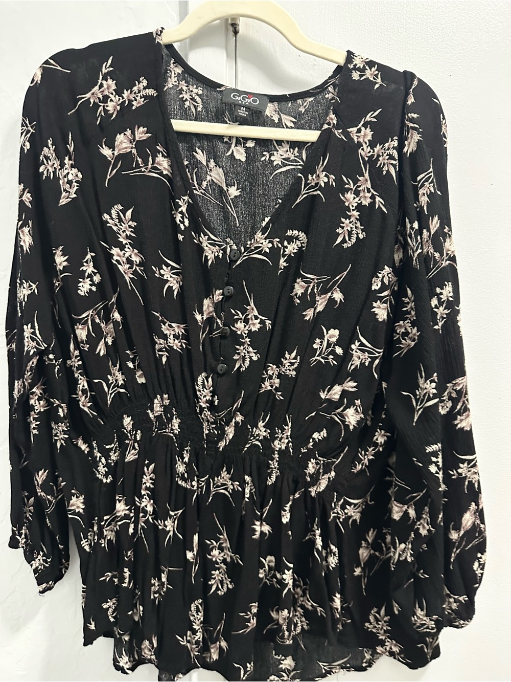Black Floral V-Neck Long Sleeve Peplum Top